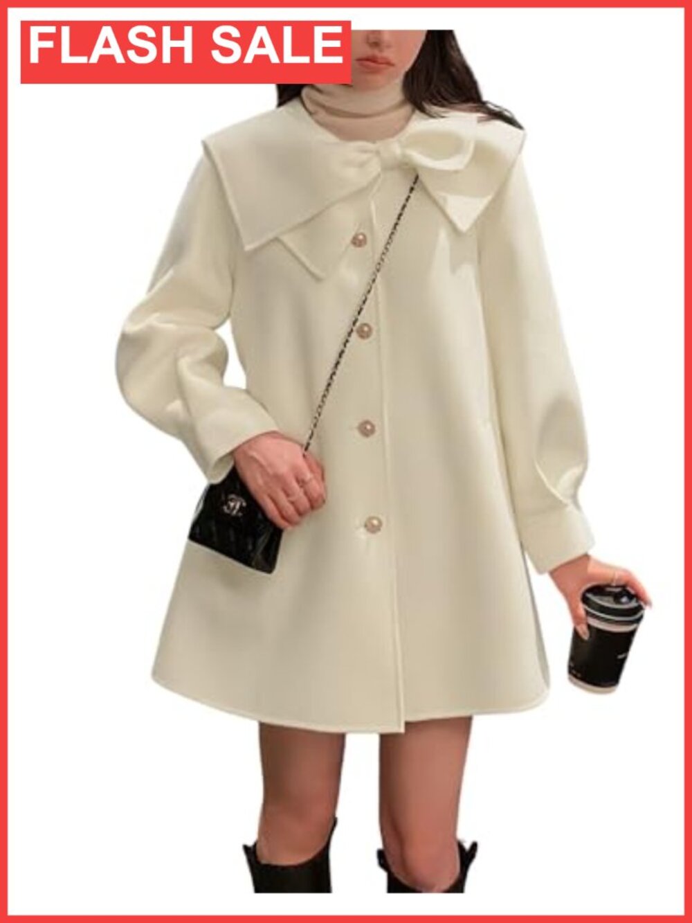 Wool Blend Pea Coat Bow Lapel Collar Single Breasted Pockets